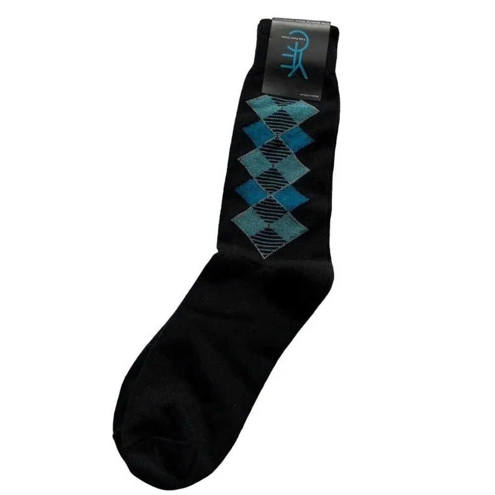 Yves Franc Claire Mens Argyle Crew Socks Size 10-13 Black Blue Teal Patternu - Picture 2 of 4